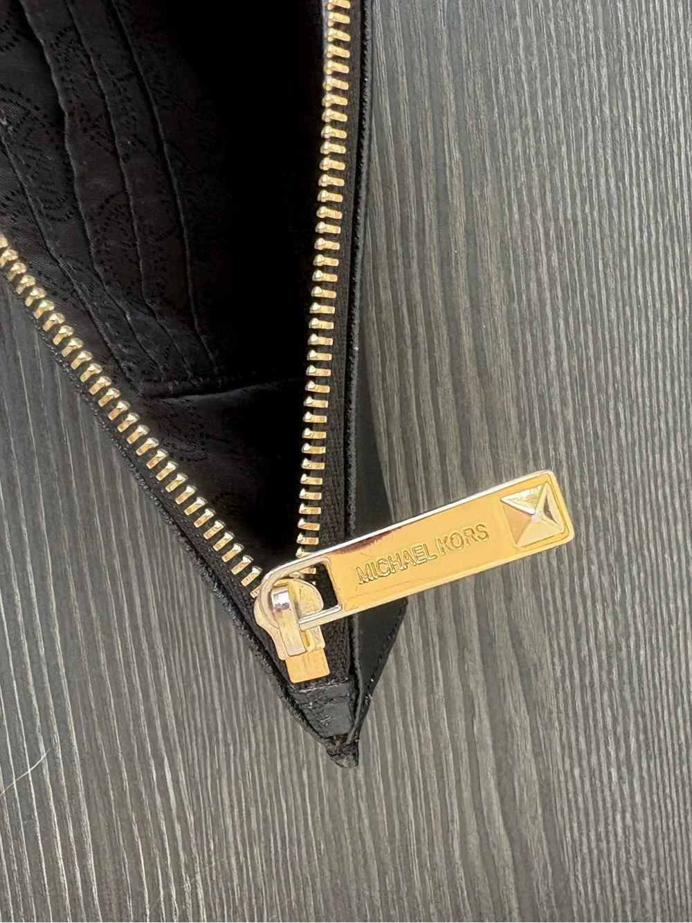 Michael Kors Studded Saffiano Leather Zip Wristlet Wallet Black Gold